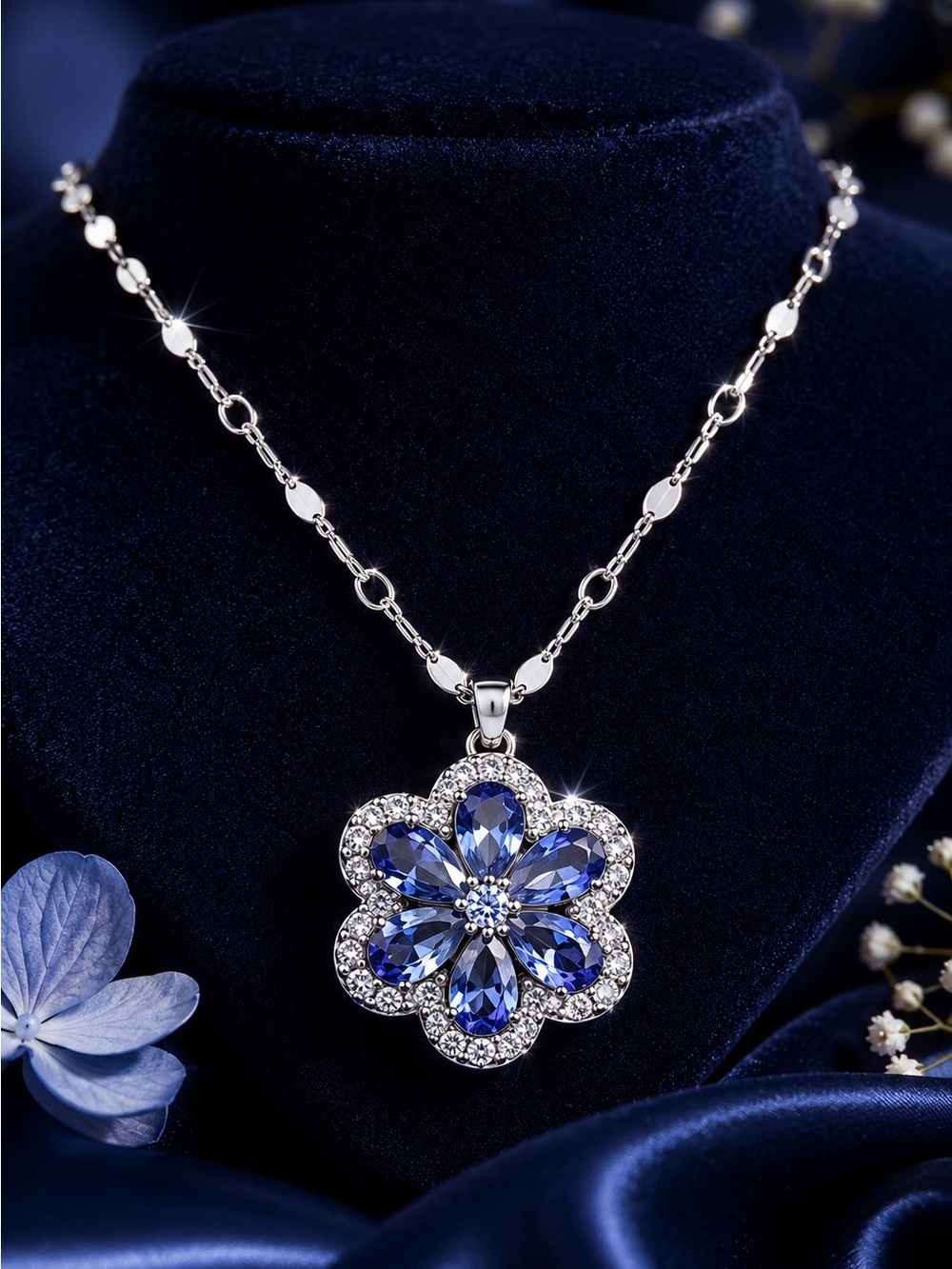 Silver Necklace with Blue Floral Pendant - Picture 4 of 6